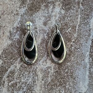 Womens Earrings Vintage 90s Y2K Teardrop Layered Hoops Oval Silver Tone Black ✨️